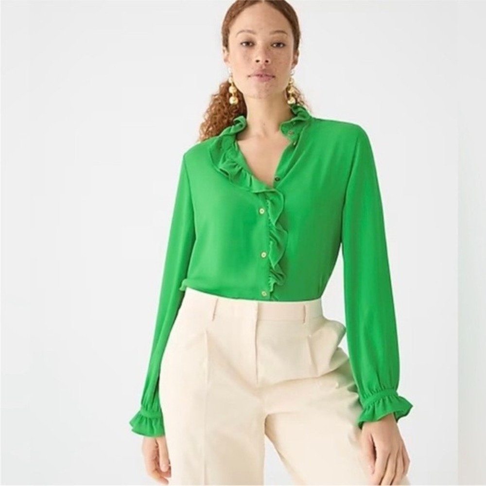 J. Crew Kelly Green Ruffle Trim Button Up Blouse Gold Buttons BP573 0 Office